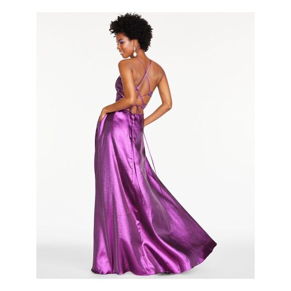 BLONDIE NITES Womens Purple Sleeveless Maxi Prom Fit + Flare Dress 0 - Picture 2 of 3